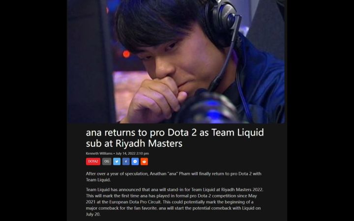 Ana回归DOTA2职业比赛?Liquid官方宣布Ana将代替MATU参加2022年7月20日在沙特Riyadh举行的大师赛截图