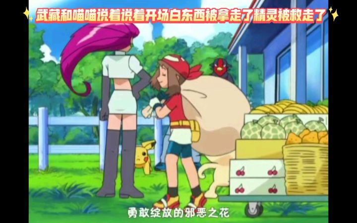 精灵宝可梦 武藏和喵喵说着说着开场白东西被拿走了精灵被救走了截图