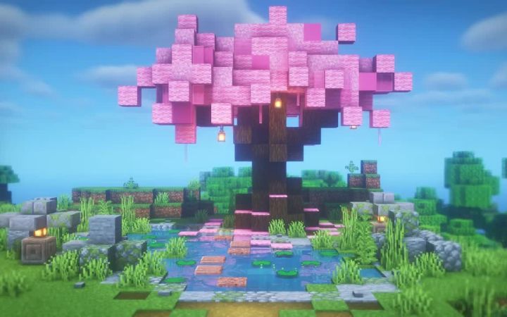 【Minecraft】樱花树和小鱼池截图