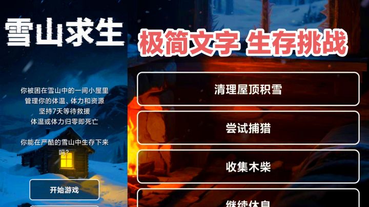 极简文字➕生存挑战➕被困雪山紧张刺激求生➕食物／体力／热度抉择截图