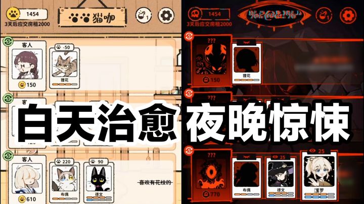 白天治愈➕可爱猫咖,夜晚惊悚➕诡异怪物‼️策略卡牌新游戏安利截图