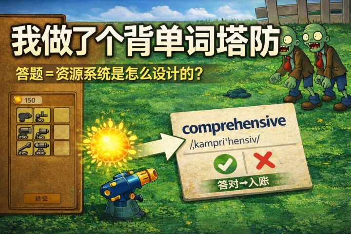 我做了个背单词塔防:太阳会掉,但要答题才捡得起来(机制演示)截图