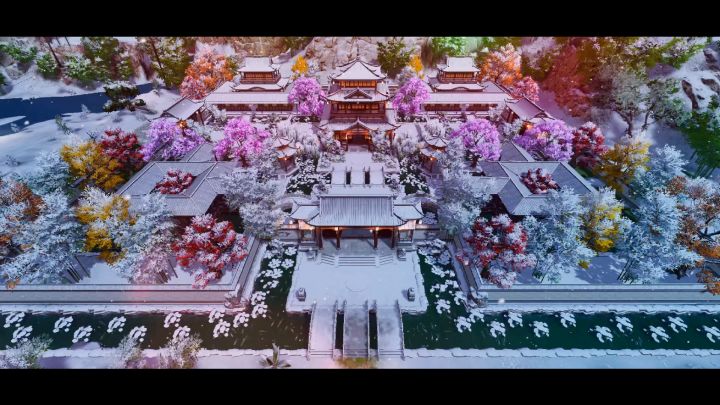 逆水寒手游庄园，宫城夜雪。截图