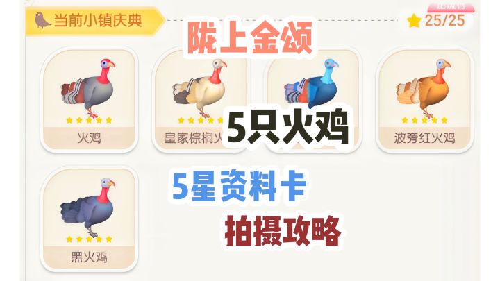 【心动小镇】陇上金颂5只火鸡 5星资料卡 拍摄攻略(条件和动作)截图