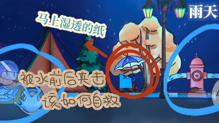 用雨伞抵挡各处来的溅水,帮助纸条回家截图