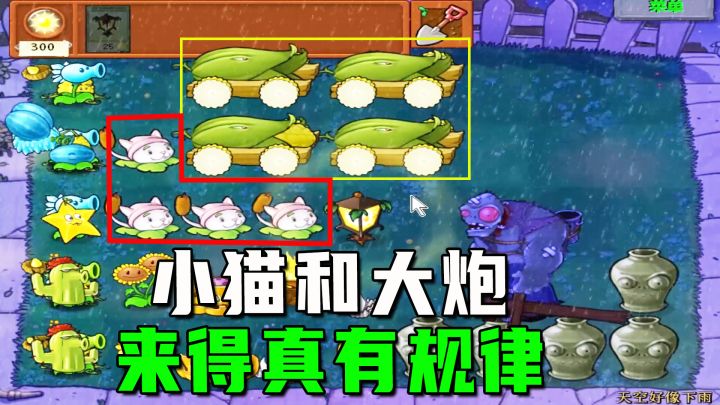 植物大战僵尸:天空好像下雨,小猫和玉米炮,来得真有规律截图
